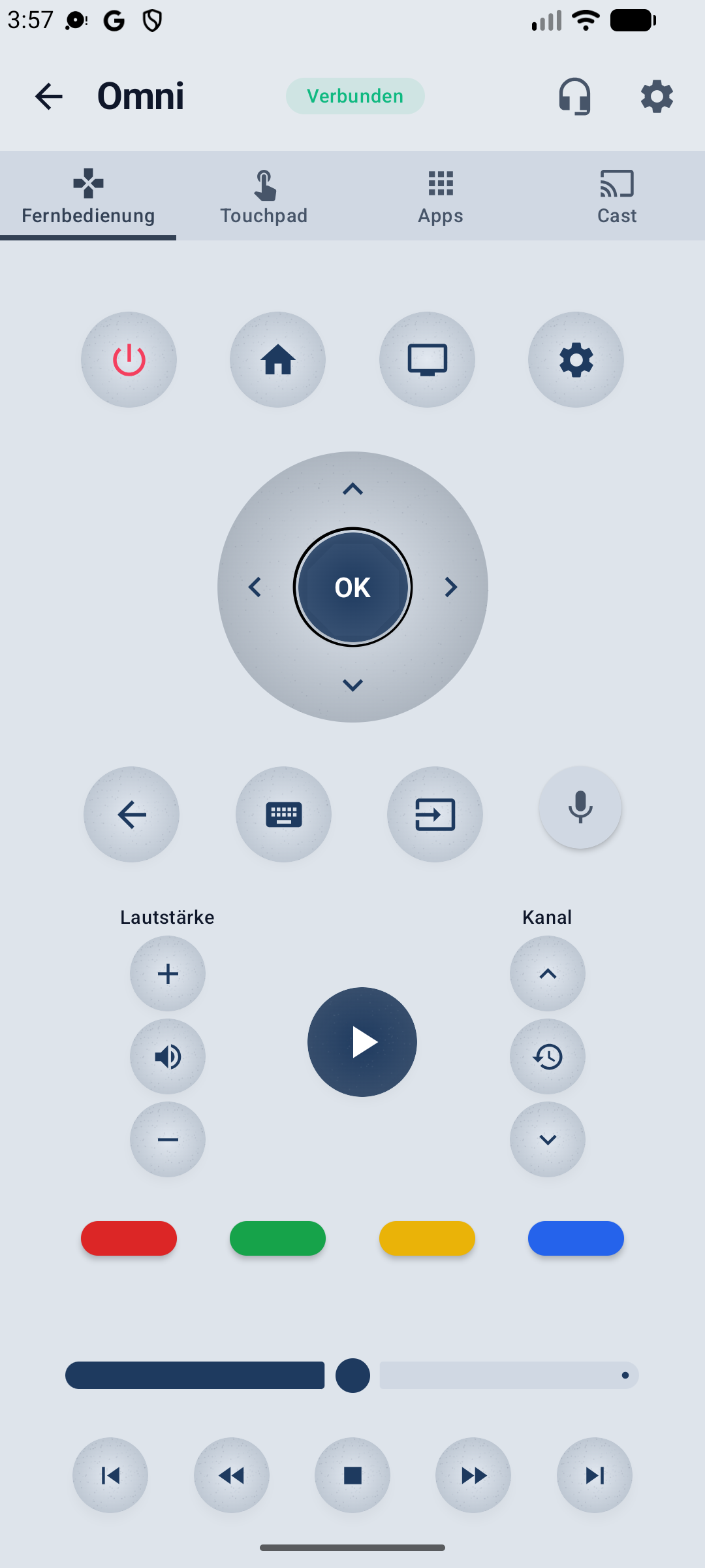 Omni Remote App mit Steuerkreuz verbunden mit einem TCL-Fernseher