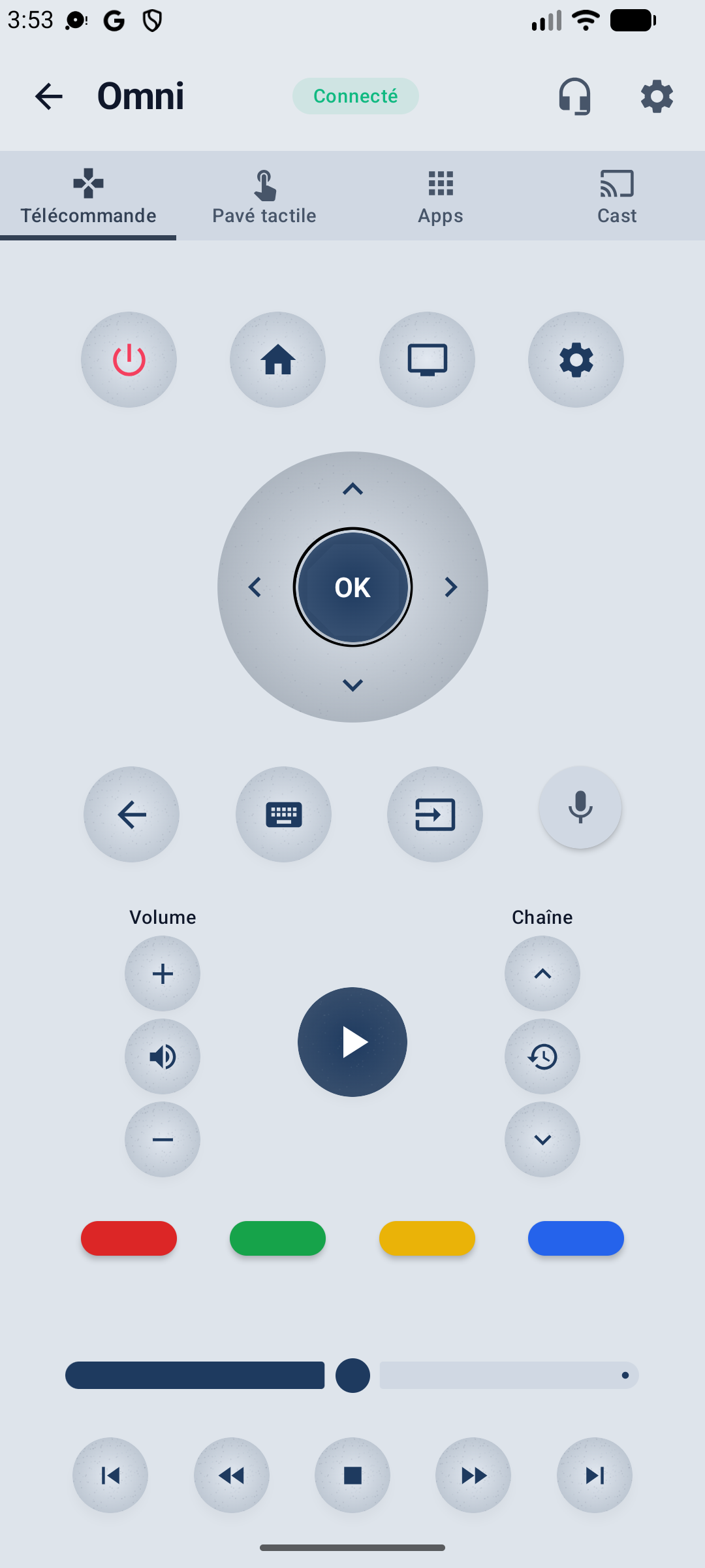 Application Omni Remote affichant le pavé directionnel connecté à la TV TCL