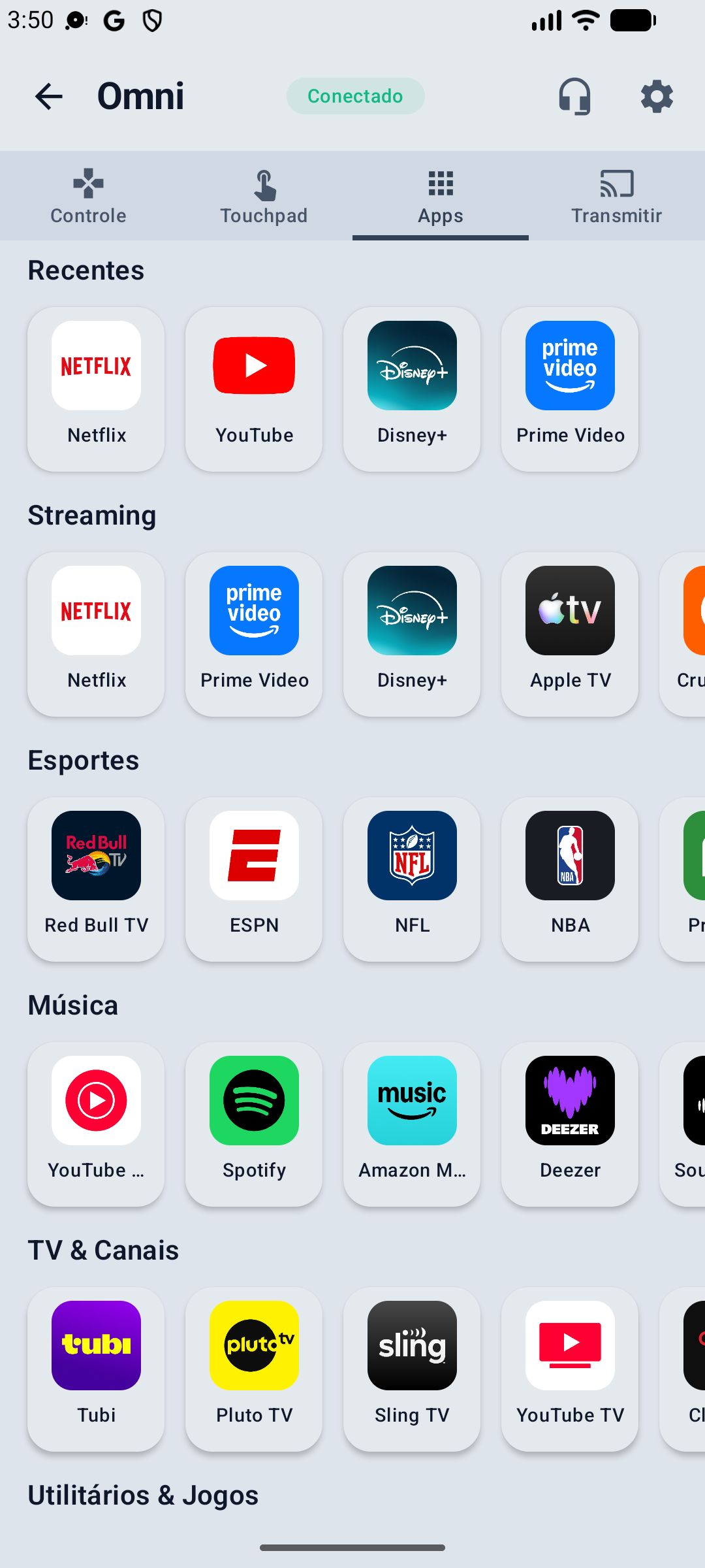 Atalhos para Netflix, YouTube, Disney+ e Prime Video