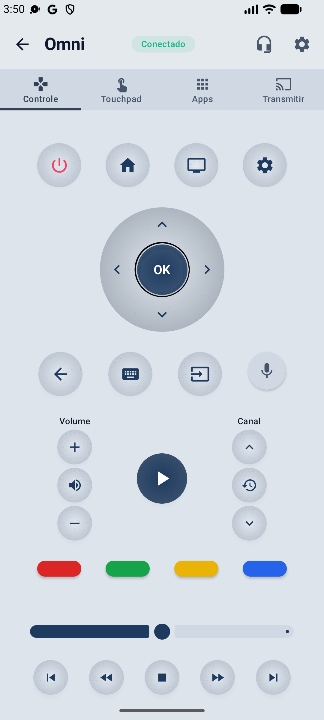 App Omni Remote mostrando o D-Pad conectado à TV TCL